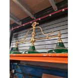 A brass and green glass Snooker table style light manufactured by Christopher Ray, London