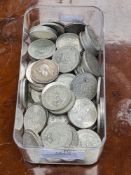 A tub of GB Two Shilling coins, mostly 1930s to mid 1940s approx 1.3Kg half silver