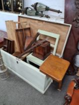 A painted wooden trunk with sundry wooden furniture boxes and small chair