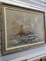 Ben Maile; 1922 - 2017, a large oil of sailing boats, signed, 90 x 70.5cms