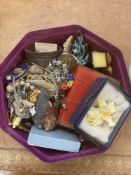 Box of vinatge and modern costume jewellery, oriental jewellery cabinet, wooden box
