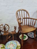 A child's stickback chair and apprentice piece model spinning wheel