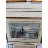 Fred Miller Shoreham harbour watercolour, ships and buildings, signed, inscribed partial label to re
