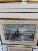 Fred Miller Shoreham harbour watercolour, ships and buildings, signed, inscribed partial label to re