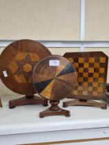 Three antique apprentice tilt top tables, one having Chess board top