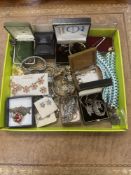 Tray of vintage costume jewellery incl. brooches, silver necklace, watches, marcasite jewellery, sim