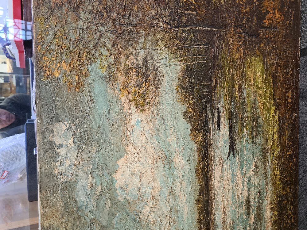 Robert Mogisse; La Dombe (a wooded lake landscape) inscribed on the reverse oil on canvas, unframed, - Image 5 of 6