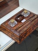 An antiques Tunbridge ware double inkstand with pen and letter knife