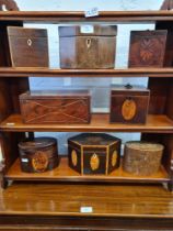8 various tea caddies and boxes, mostly all inlaid some Tunbridge wear in style