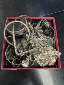Tray of silver and other jewellery incl. white metal cuff bangle set with turquoise, amethyst and si