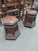 A pair of Walnut hexagonal columns, displaying swags and ribbons, possibly late 19th Century, possib