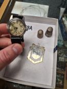 Vintage Military issue watch numbered F01569 A.T.P, Tiffany & Co bookmark and 2 silver thimbles