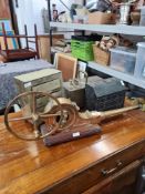 A selection of brass and slate models of chest of drawers and brass fire bellows, etc