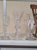 Two 19th Century style faceted cut wine glasses and other glassware (6)
