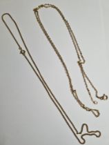 Long 9ct yellow gold fine belcher chain, 76cm, marked and another fine curblink necklace, 6.37g
