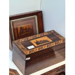 A Victorian Rosewood Tunbridge ware tea caddy, the lid decorated Castle and a framed plaque (repair