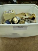 Box containing vintage and modern costume jewellery, pocket watches, necklaces, brooches etc