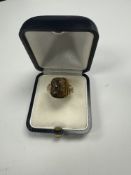Continental 10k gold signet ring inset with carved tigers eye paned depicting a Roman Soldier, marke