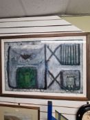 Carol Anne Sutherland, abstract with house, mixed media on paper, signed and dated 1992, 116.5 x 77c