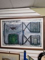 Carol Anne Sutherland, abstract with house, mixed media on paper, signed and dated 1992, 116.5 x 77c