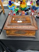 A Victorian Rosewood and brass inlaid jewellery box with inlaid tray (missing one bung foot)