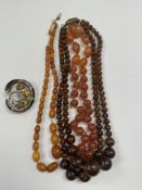 Strand of butterscotch amber beads, Baltic amber double row necklace, Scottish silver brooch AF and