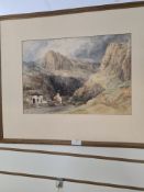 J. Read, A watercolour of houses beneath mountain landscape, signed, 43 x 30.5cm