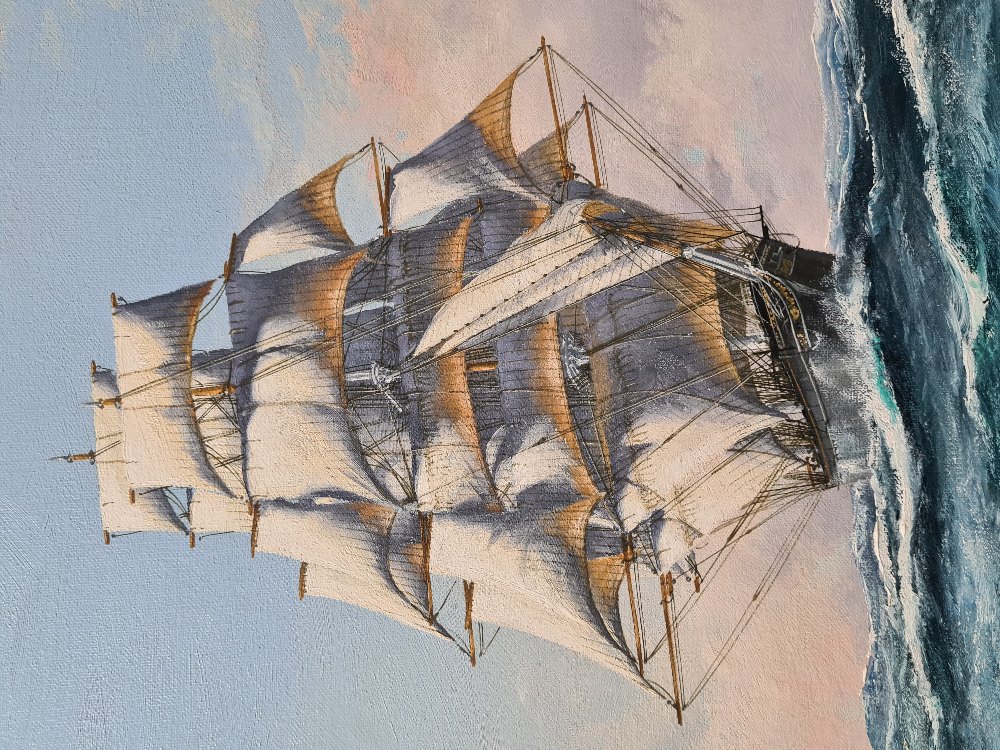 John Bentham-Dinsdale (1927-2008) A modern oil of the Clipper ship Cutty Sark with Omell Gallery lab - Image 3 of 5