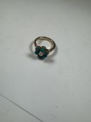 9ct yellow gold dress ring with daisy shaped panel inset with turquoise and pearl, size N, 3.95g