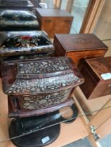 A selection of inlaid tea caddies, one being lacquered and inlaid of various designs