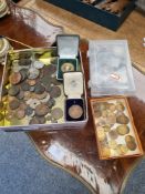 A quantity of old GB and Worldwide coins, tokens and metal detector finds to include Cartwheel two p
