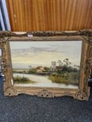 Daniel Sherrin- A landscape scene of Church and house beside water, signed, oil on canvas