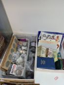 Two trays of GB and Foreign coins and banknotes to include commemorative crowns, pennies, year sets,