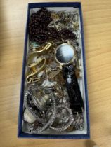 Tray of mixed costume jewellery incl. garnet necklace, watches , silver bracelet etc