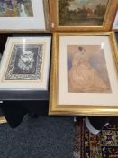 A print after Picasso of bearded man and an old watercolour of seated lady