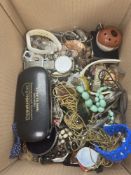 2 Boxes of modern and vintage costume jewellery etc and broken 9ct gold belcher chain etc