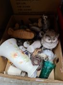 A box of mixed ceramics including Royal Winton, glassware and a selection of bird figures