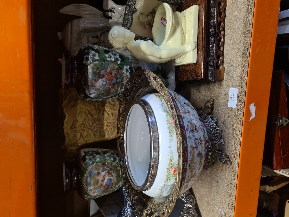 A selection of ceramics, including Staffordshire style figures and a crackle glazed bowl with pictur