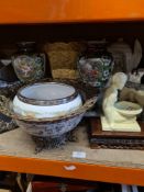 A selection of ceramics, including Staffordshire style figures and a crackle glazed bowl with pictur