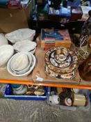 A selection of vintage ceramic jelly moulds, child's sewing machine, copper coffee pot, etc