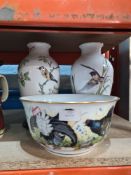 A pair of Franklin Porcelain bird vases and similar bowl decorated game birds