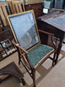 A metal engraving of the map of Norfolk, and an inlaid tapestry covered chair