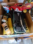 A selection of model cars including Dinky, etc, tin plate train, cars, etc