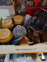 A selection of binoculars, cameras, Poole pottery, Hornsea, etc including Seiko clock, Lladro figure