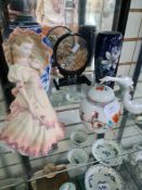 Two shelves of mixed porcelain including Oriental style ginger jars, pill boxes, scent bottles, etc