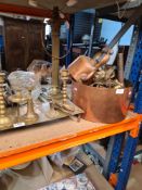 A selection of brass and copperware including candlesticks, a light, etc