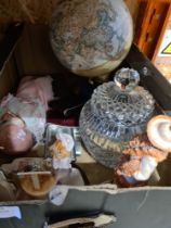 A selection of ceramic figures, glassware, hip flask, globe, etc