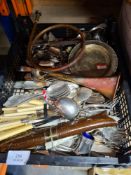 A selection of mostly Silver Plated cutlery and copper horn