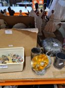 A mixed box of china, including Royal Doulton, Victorian Goss Ware, Wade Whimsies and a selection of