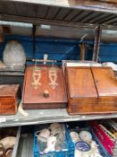 A selection of treen boxes, including vintage engineer's chest, stationery box, vinyl LPs, oil lamps